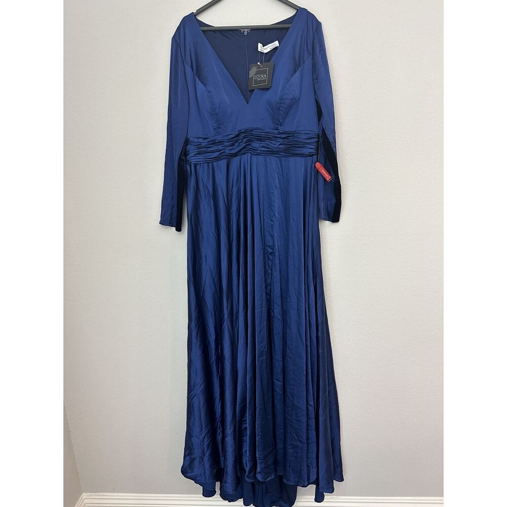 NWT Mac Duggal Blue Pleated Long Sleeve V-Neck Maxi Dress Size 14